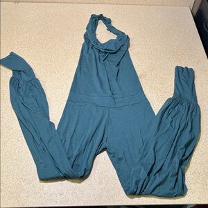 ARIA LATTNER JUMPSUIT Green Size Large Halter Bamboo Boho Yoga B3